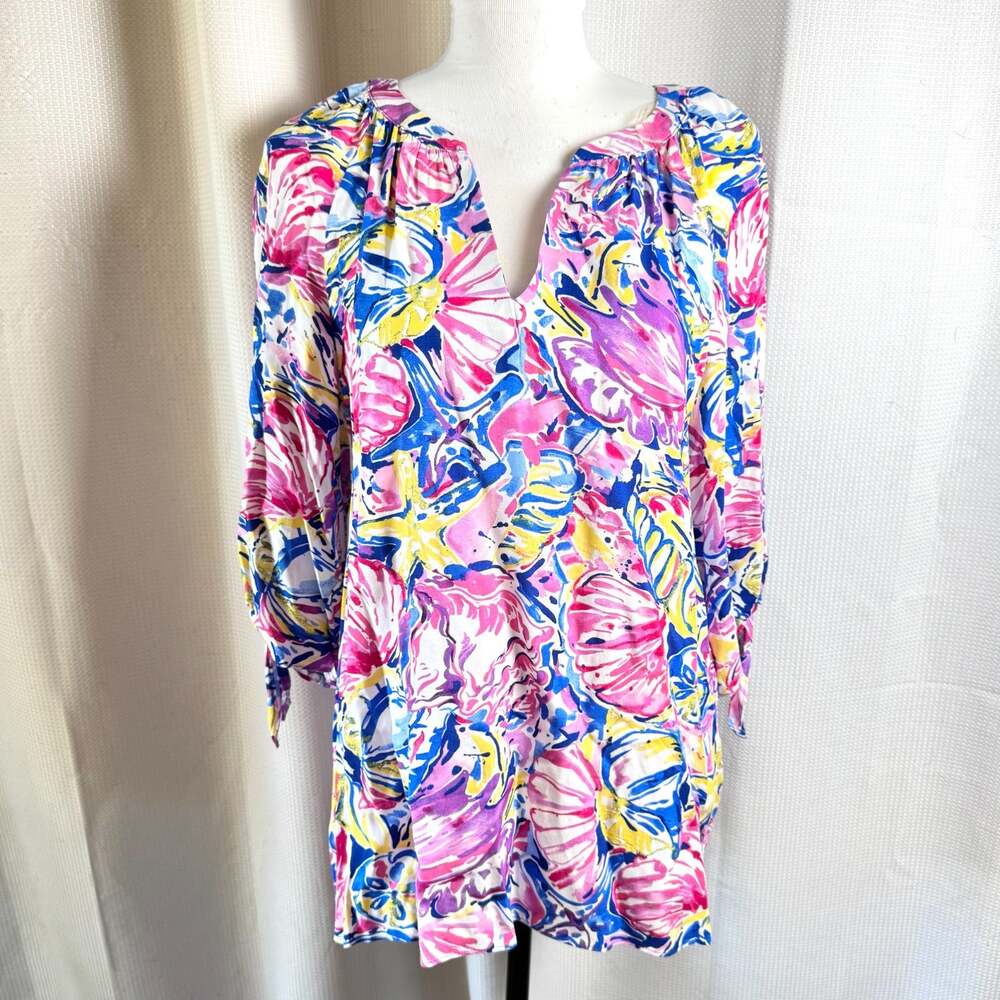 Cappagallo Tunic Pink Blue Tropical Womens Sz L Top Resort Vacation Whimsy EUC